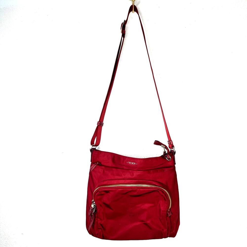 Tumi Red Nylon Crossbody Purse Bag Gold Zipper Pockets Adjustable Strap